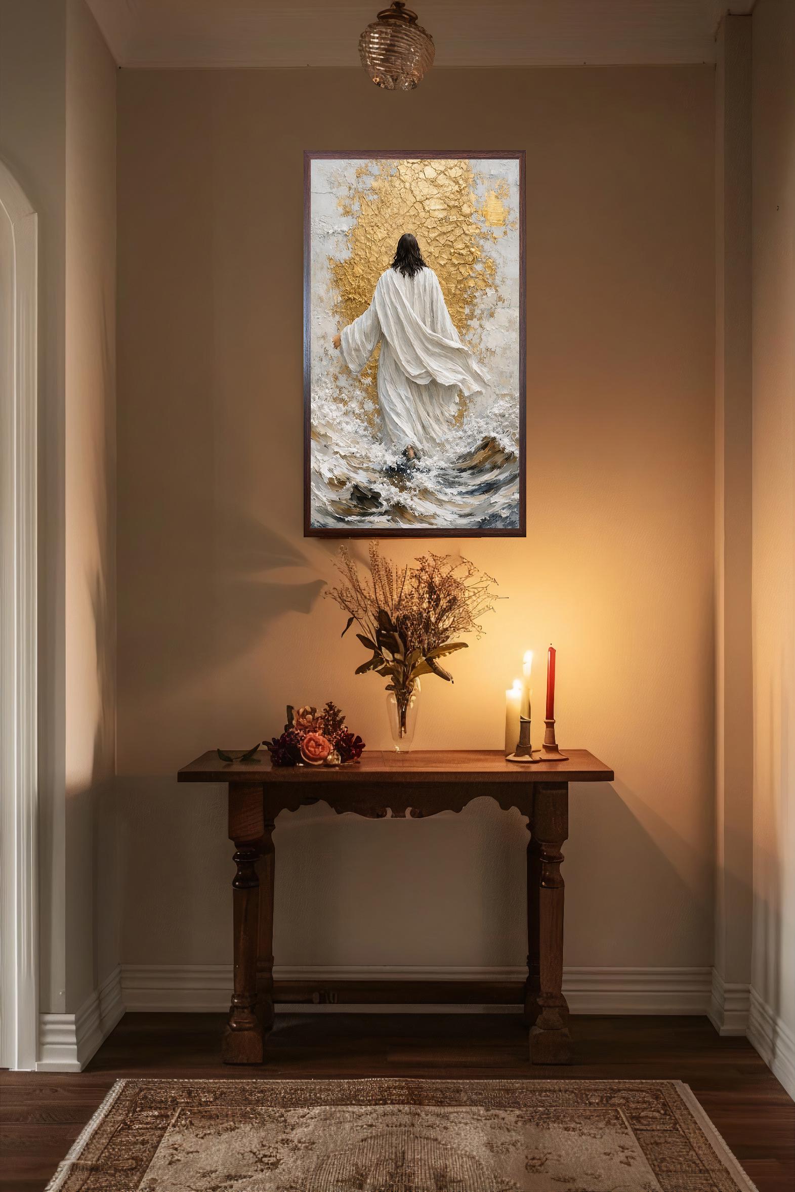Jesus Walking on Water Canvas Print, Christian Religious Wall Art, Gold ...