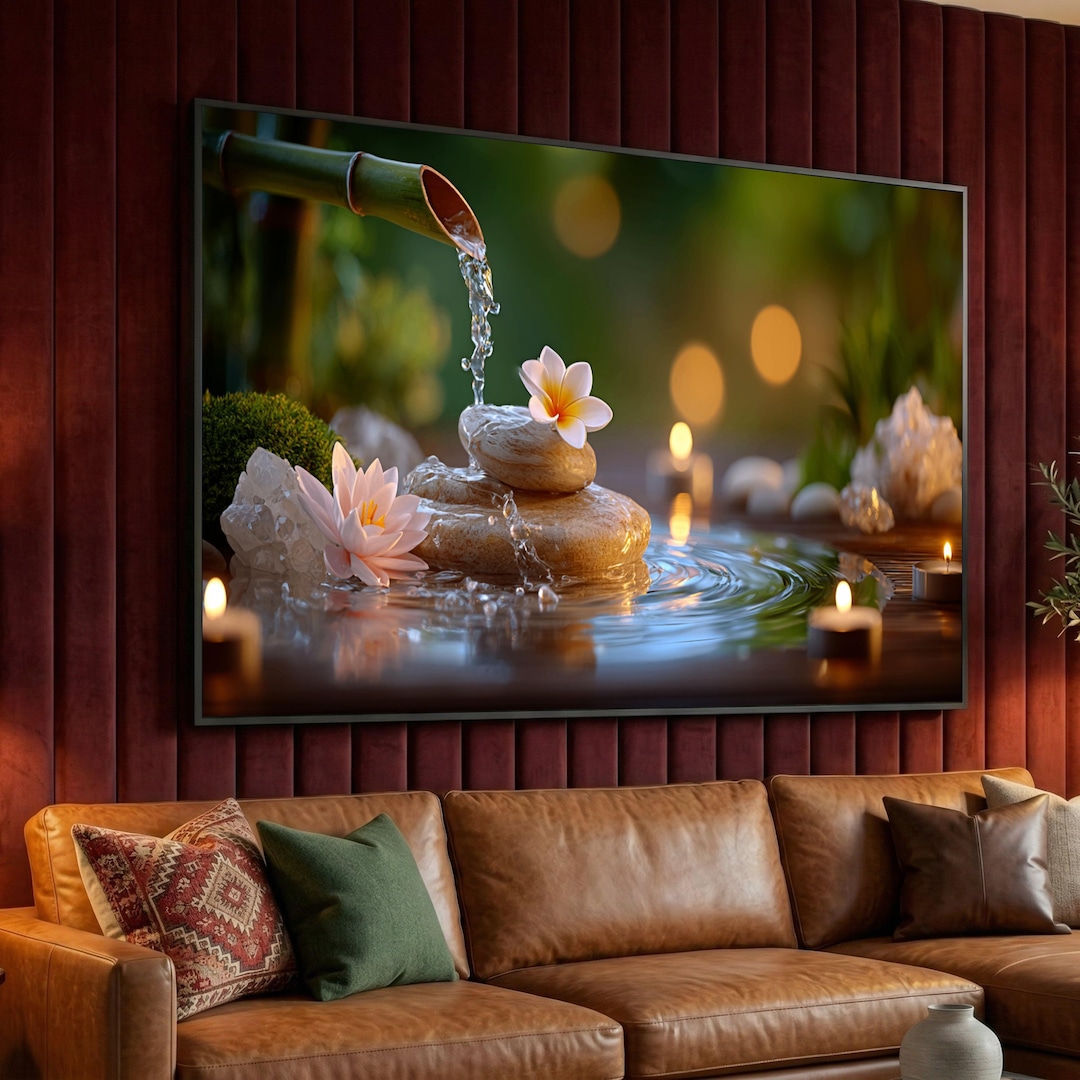 Zen Spa Stones With Waterfall, Floral Bamboo Fountain Canvas, Tranquil ...