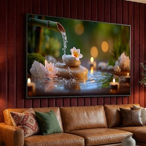 Piedras de spa zen con cascada, lienzo con fuente de bambú floral, arte de pared con ondas de agua tranquilas, decoración relajante, lienzo con escena de spa apacible