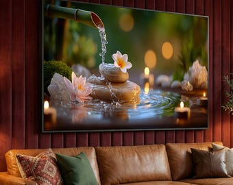 Zen Spa Stones with Waterfall, Floral Bamboo Fountain Canvas, Tranquil Water Ripple Wall Art, Relaxation Decor, Peaceful Spa Scene Canvas