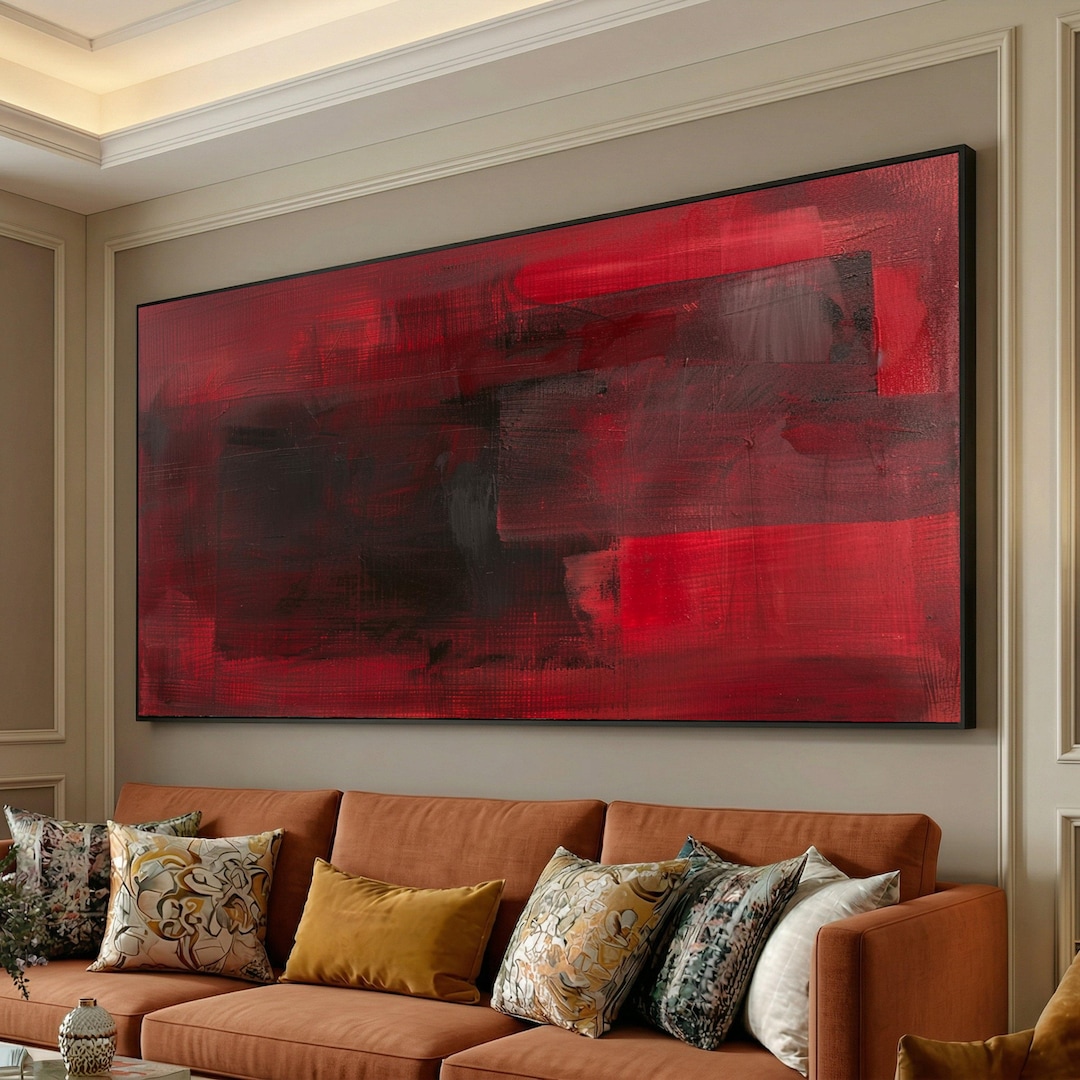 Bold Red and Black Abstract Canvas, Modern Geometric Wall Art ...