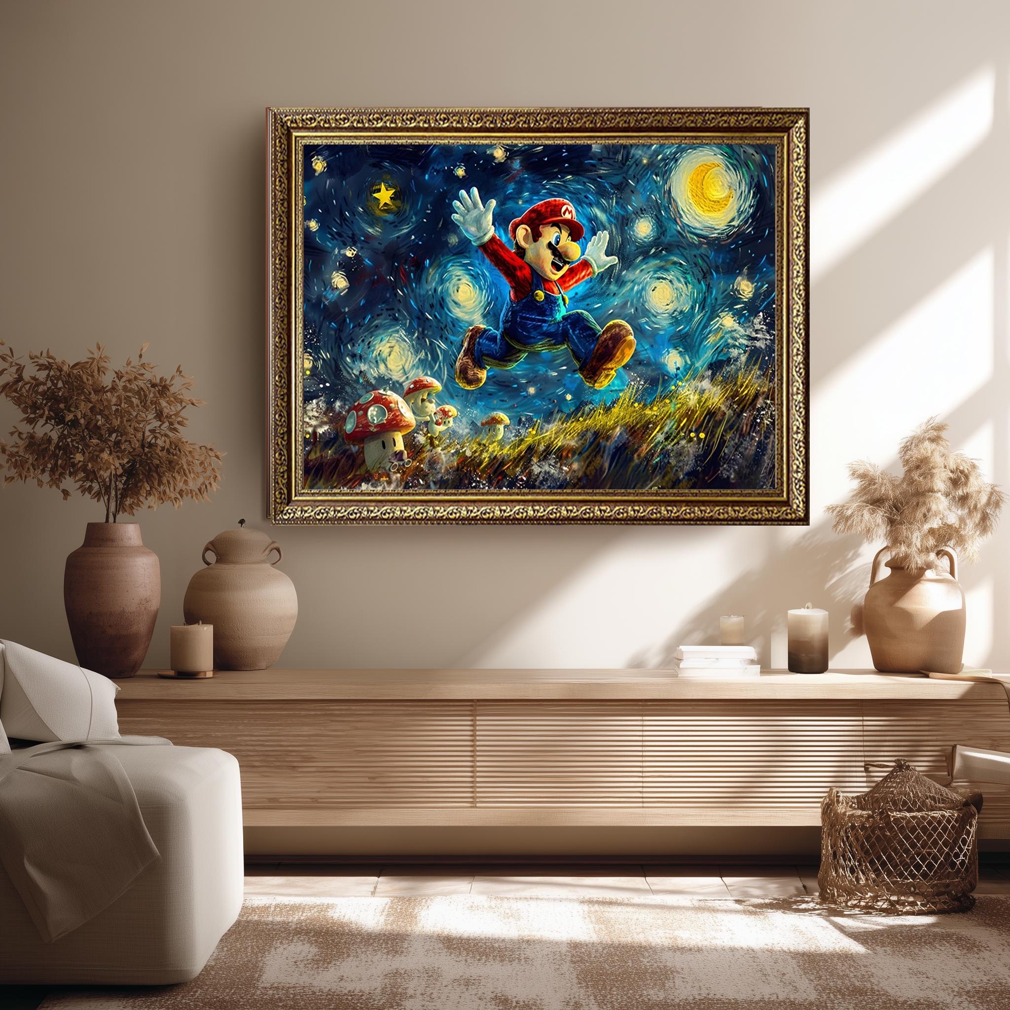 Whimsical Mario Starry Night Wall Art Colorful Video Game