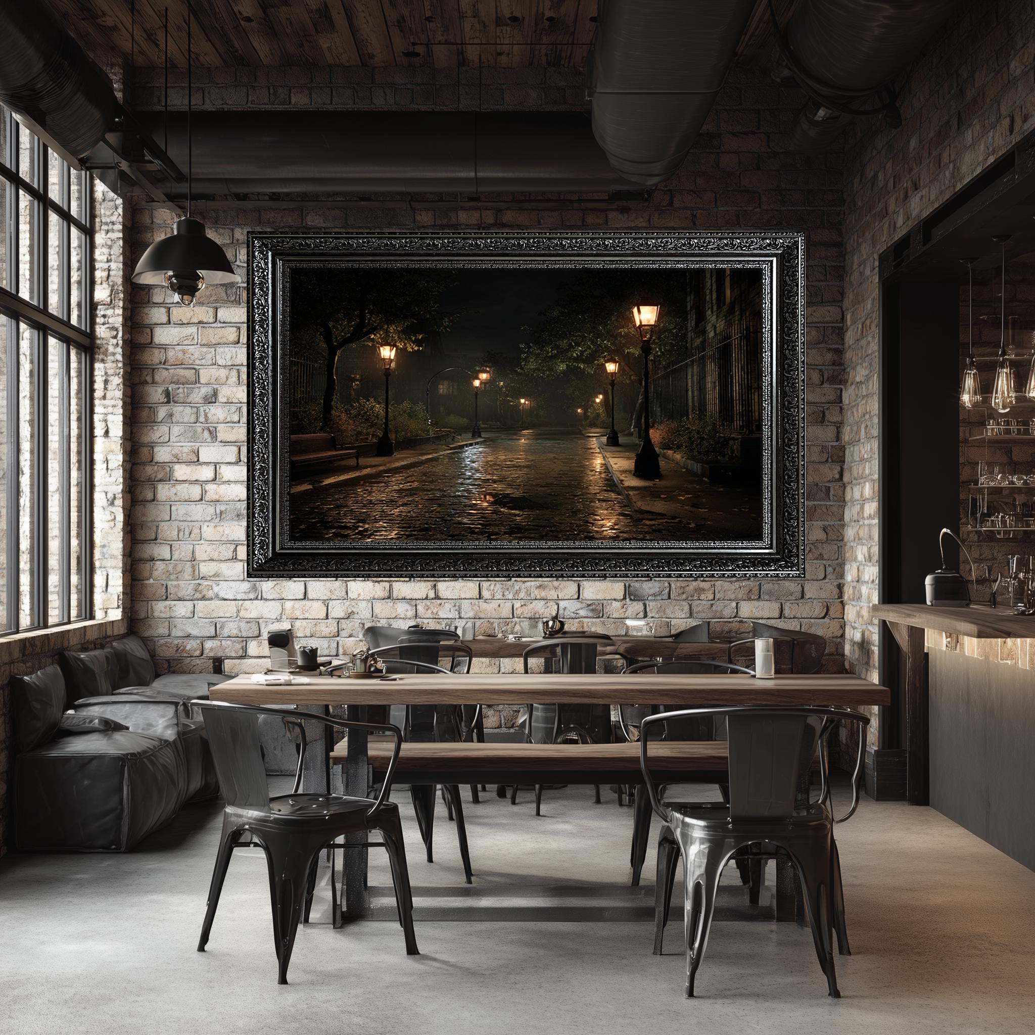 Rainy Night Street Lamp Canvas Wall Art, Vintage Cobblestone Road
