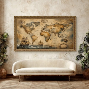 May include: A rectangular wall art piece featuring a vintage-style world map with sepia tones, depicting continents and oceans. The map includes illustrations of sailing ships on the water, a compass rose, and decorative borders in a gold frame.