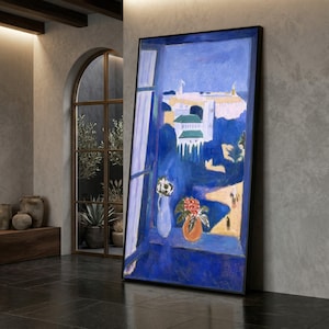 Mediterranean Landscape View from Window Canvas, Blue Interior Scene, Floral Pot and Vase Canvas, Bright Seaside Wall , Henri Matisse Art
