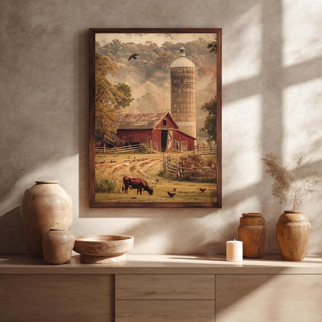 Rustic Farmhouse Canvas Wall Art Vintage Red Barn With Silo Country ...