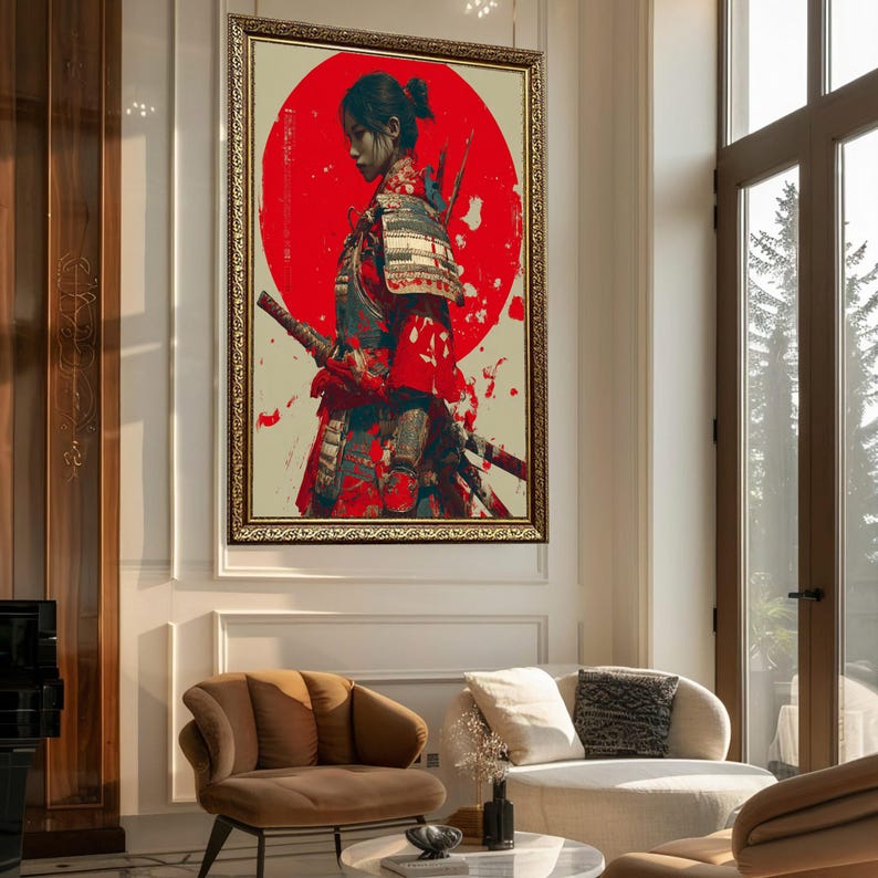 Canvas Art Print Samurai Warrior Woman in Traditional Armor With Red ...