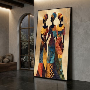 Kunstdruck Afrikanische Frauen-Silhouetten in Bunten Patchwork-Kleidern und Kopftüchern