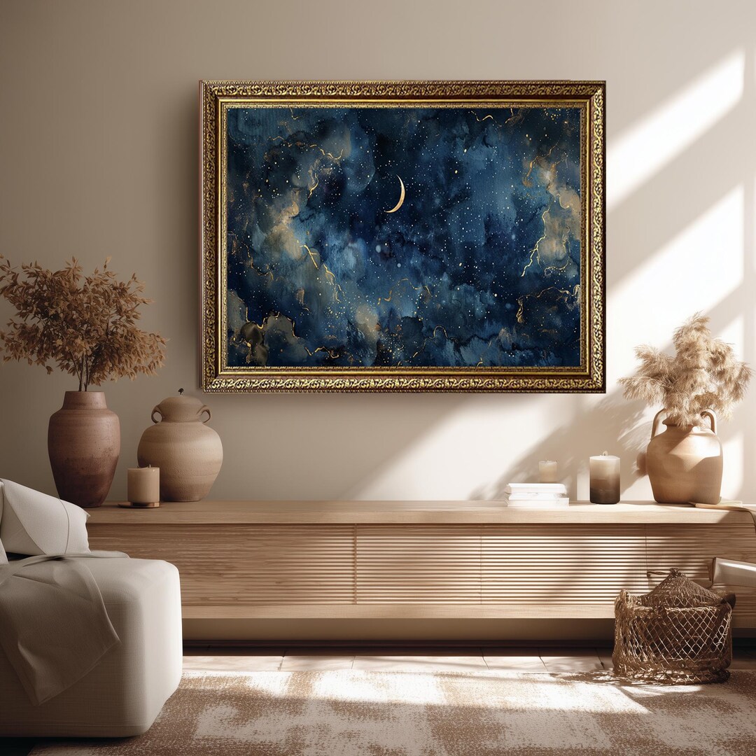 Celestial Moon and Stars Canvas Wall Art in Deep Blue With Gold Clouds ...