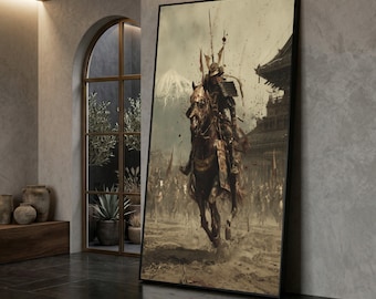 Obraz na płótnie: Dziki wojownik samurajski pędzący na koniu na tle góry Fuji i starożytnego zamku