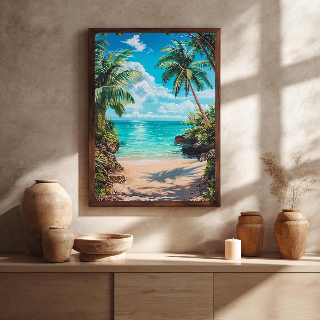 Tropical Beach Canvas Wall Art, Palm Tree Ocean Landscape Print ...