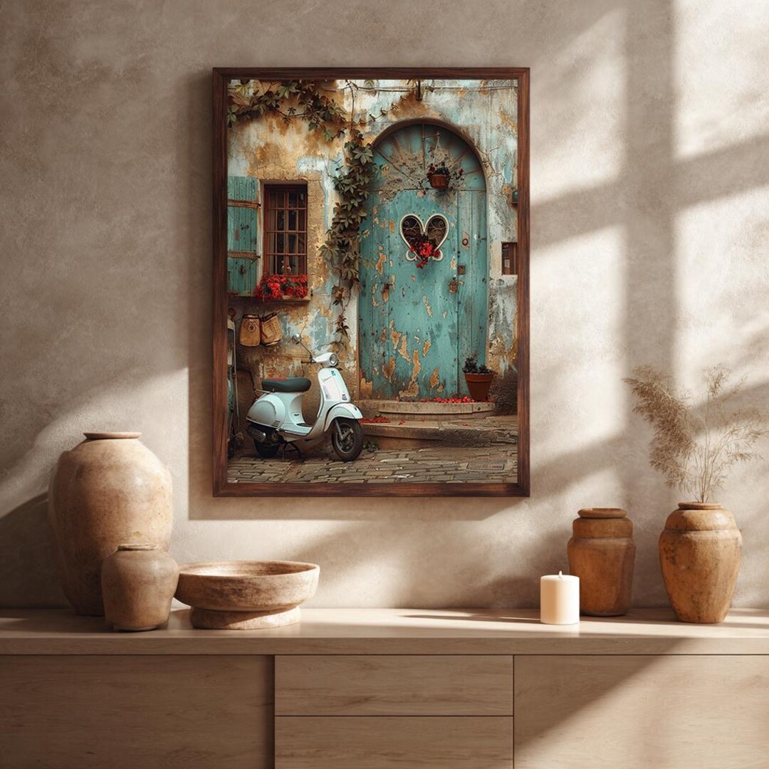 軒瓦 古瓦 モダン アンティーク ヴィンテージ レトロ wall art US Vintage Italian Street Scene Canvas Wall Art – Rustic Blue Door