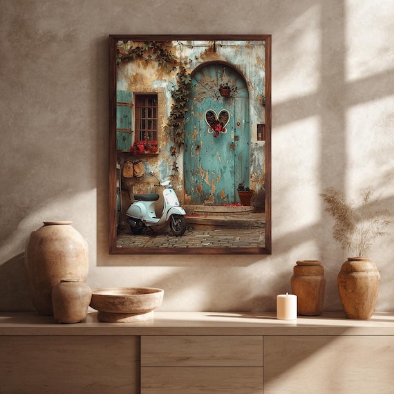 Vintage Italian Street Scene Canvas Wall Art – Rustic Blue Door