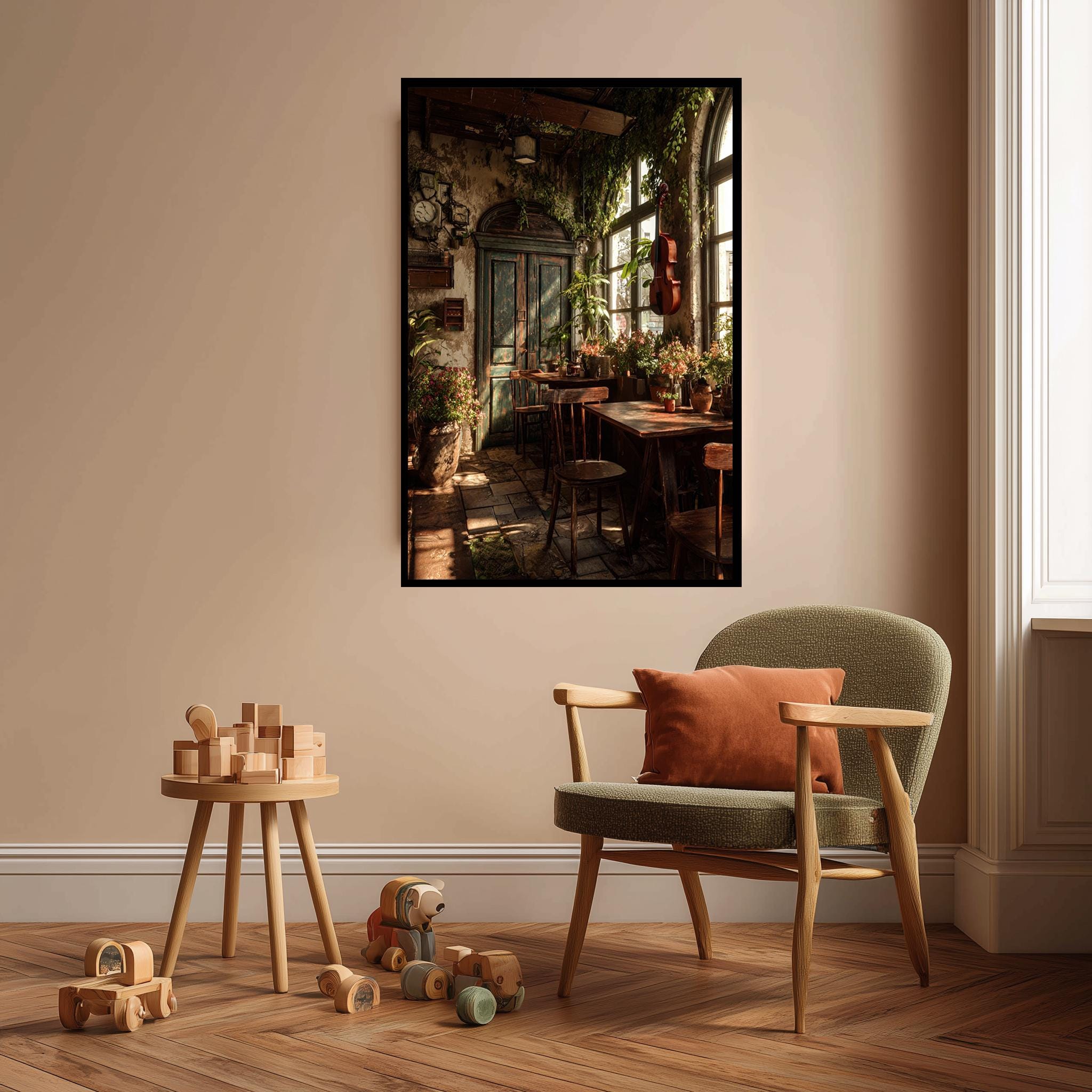Rustic Indoor Garden Cafe Canvas Wall Art With Vintage Violin