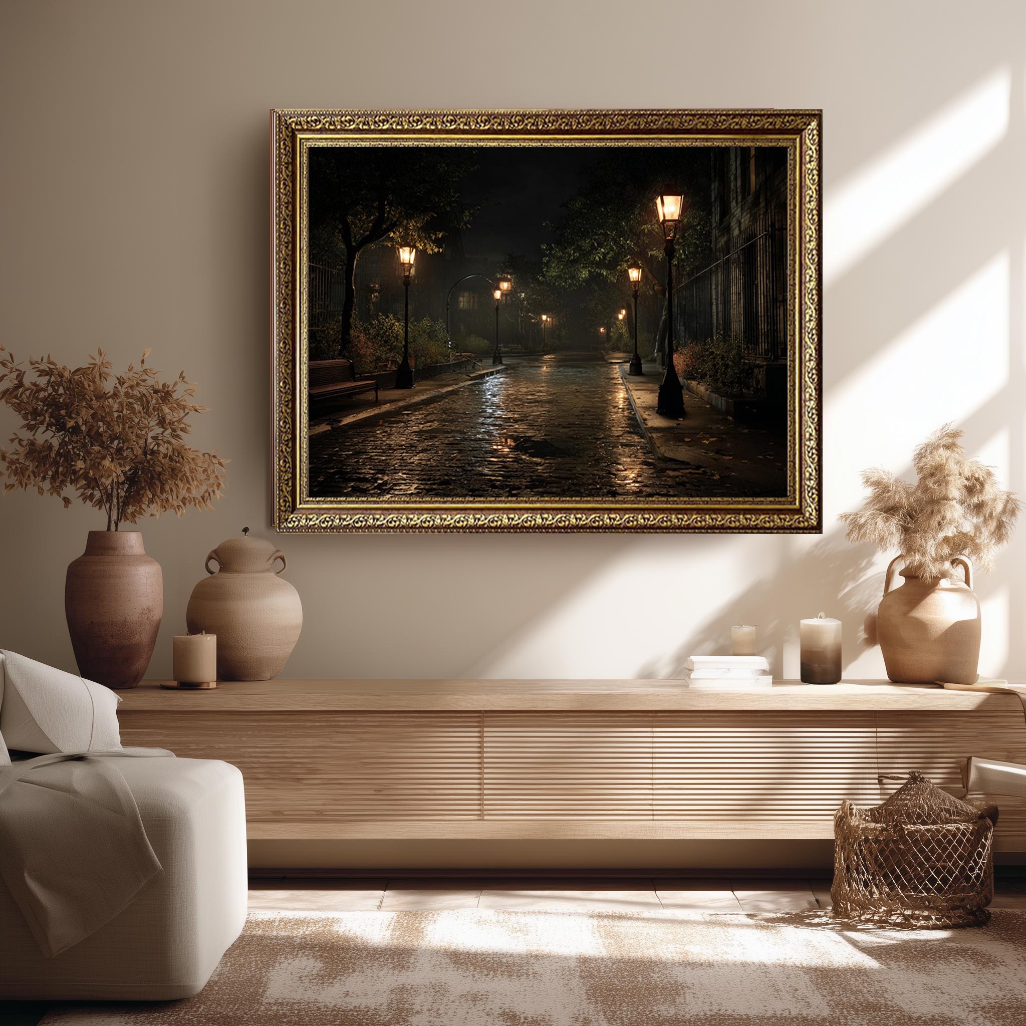 LAM キャンバスアート 「戌」 B4 Rainy Night Street Lamp Canvas Wall Art, Vintage Cobblestone Road