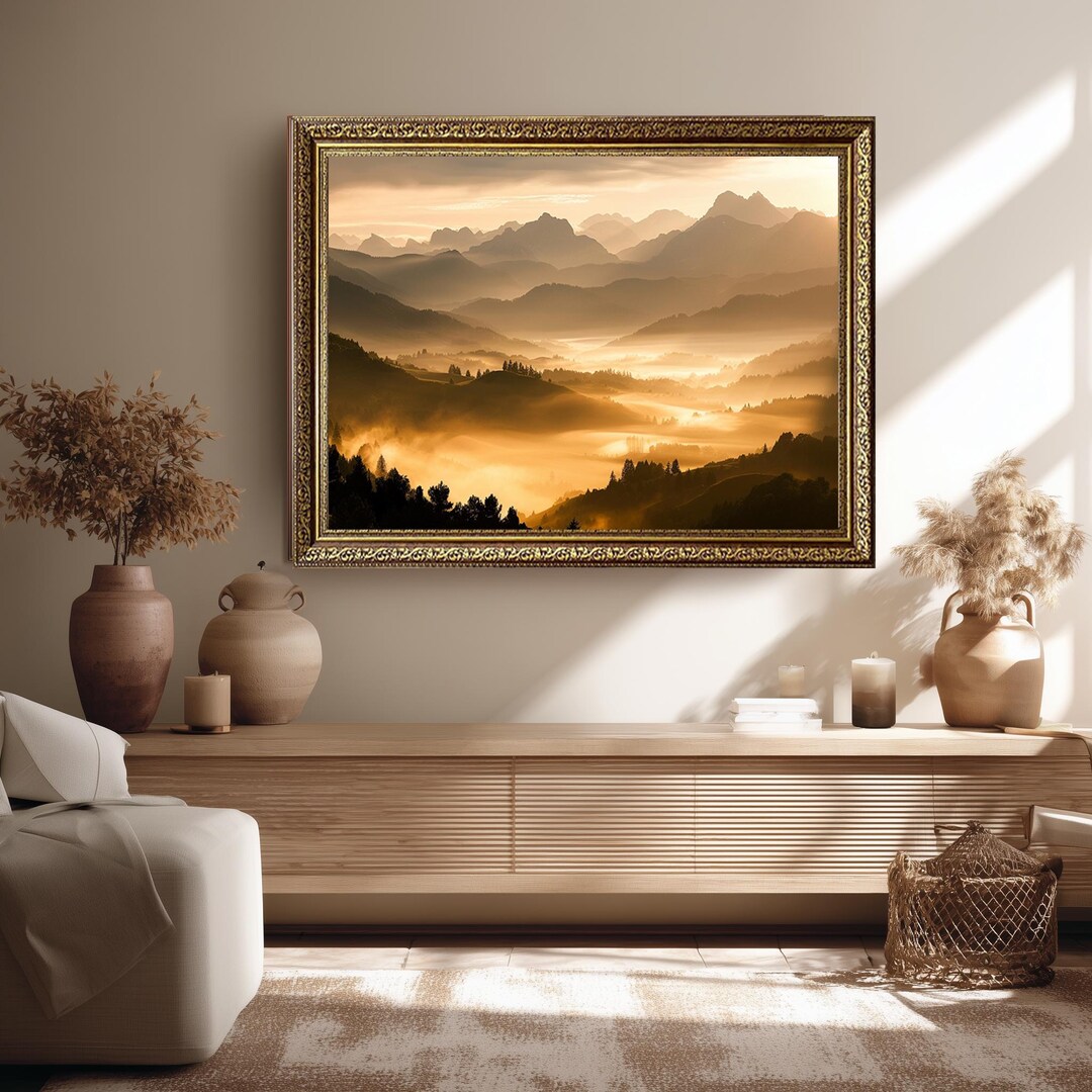 Golden Sunrise Over Misty Mountains Canvas Wall Art, Serene Nature ...