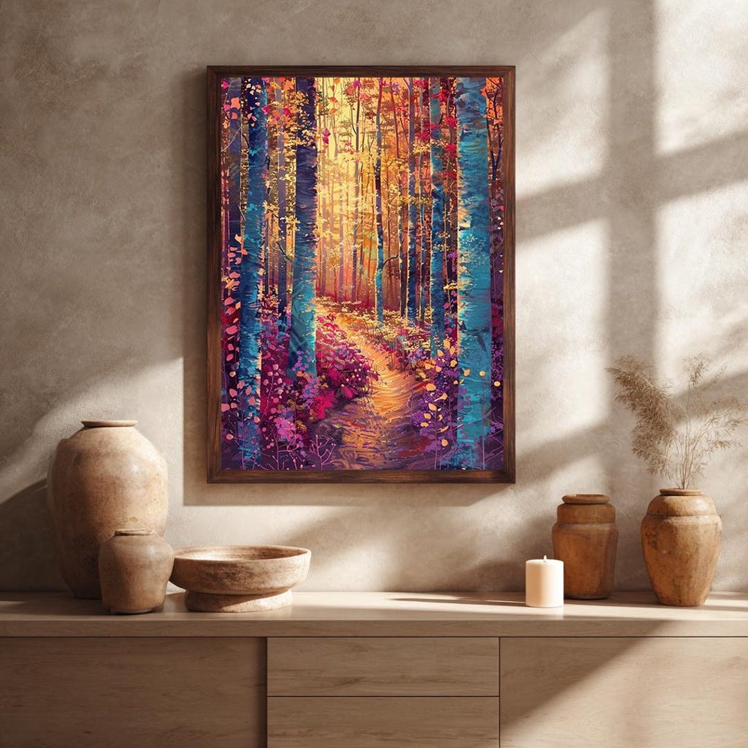 Magical Forest Path Canvas Print, Colorful Enchanted Woodland Art ...