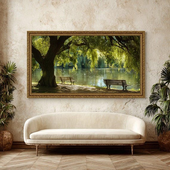 Peaceful Nature Canvas Wall Art With Lake View and Wooden Benches