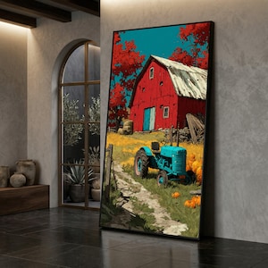 May include: A framed art print depicting a rural farm scene. A bright red barn with a white roof and blue doors sits in a field with a blue tractor. Red trees and pumpkins are also visible.