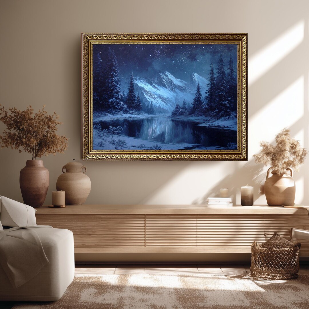 Starry Night Winter Mountain Landscape Canvas Wall Art – Snowy Forest ...