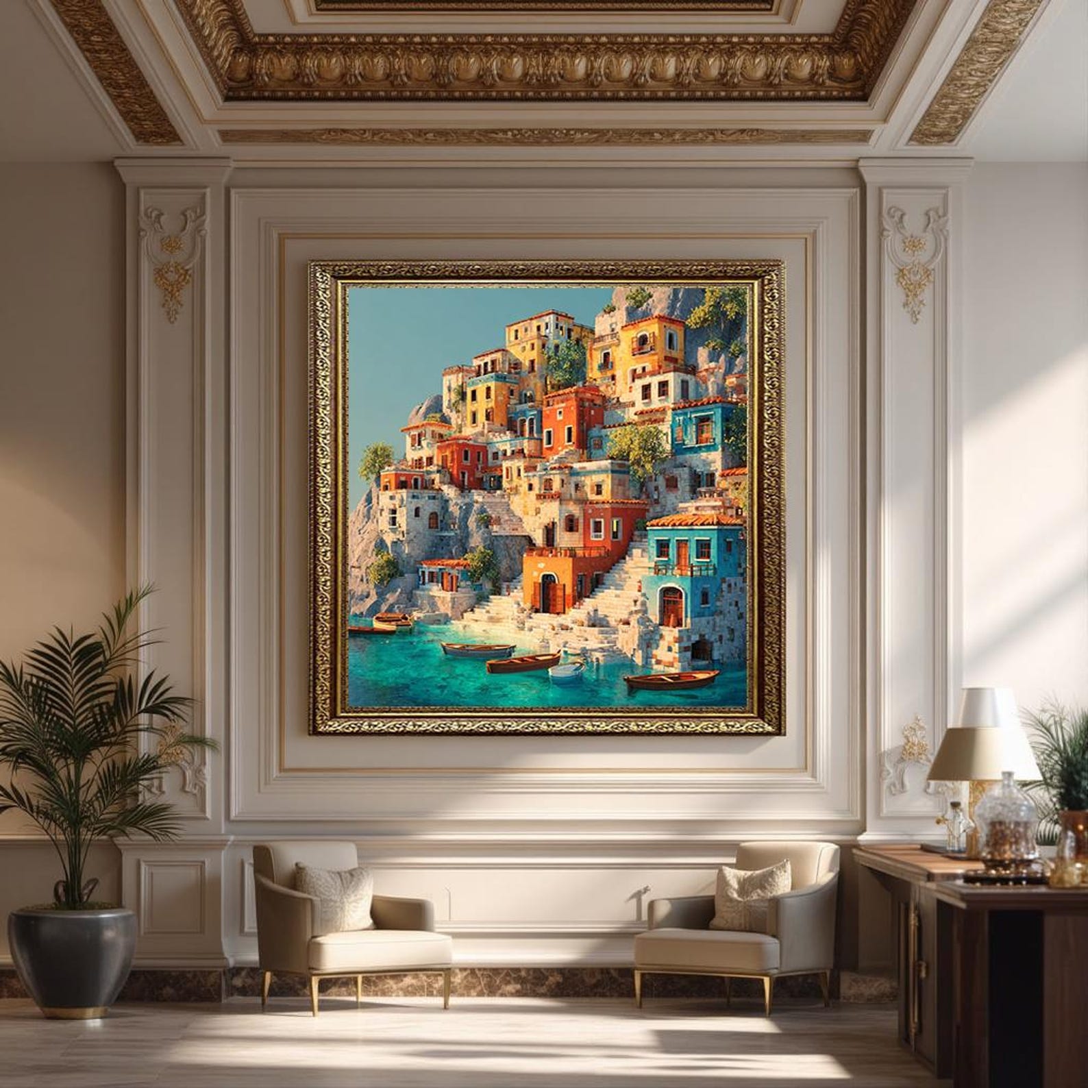 Colorful Mediterranean Coastal Village Canvas Wall Art With Boats and ...