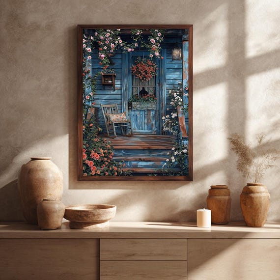 Rustic Blue Cottage Porch Canvas Wall Art – Cozy Country House