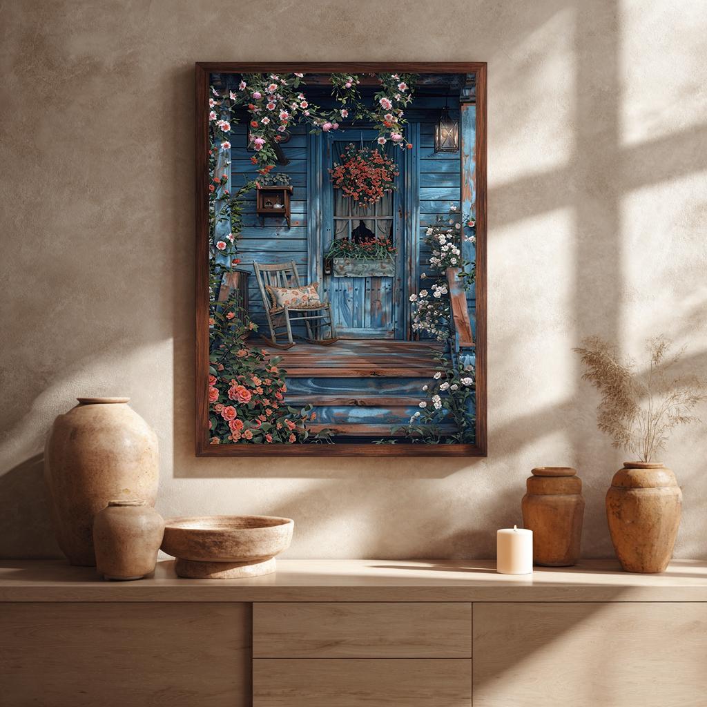 Rustic Blue Cottage Porch Canvas Wall Art – Cozy Country House