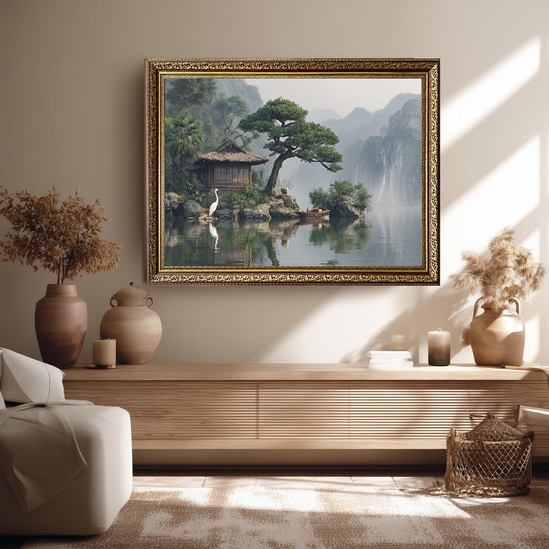 Zen Japanese Landscape Canvas Wall Art With Lake House, Bonsai Tree and ...