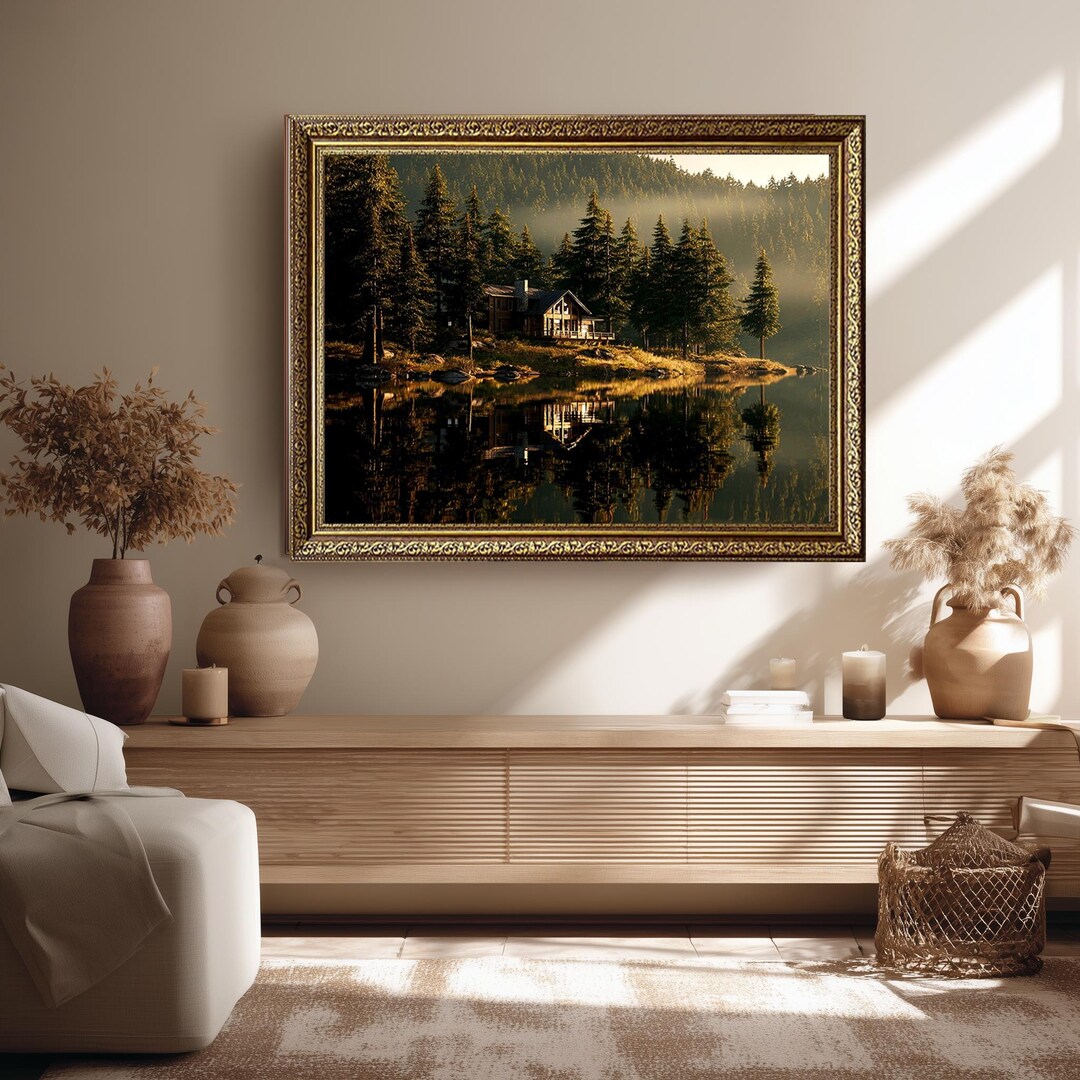 Lakeside Forest Cabin Canvas Wall Art, Rustic Woodland Cottage Print ...