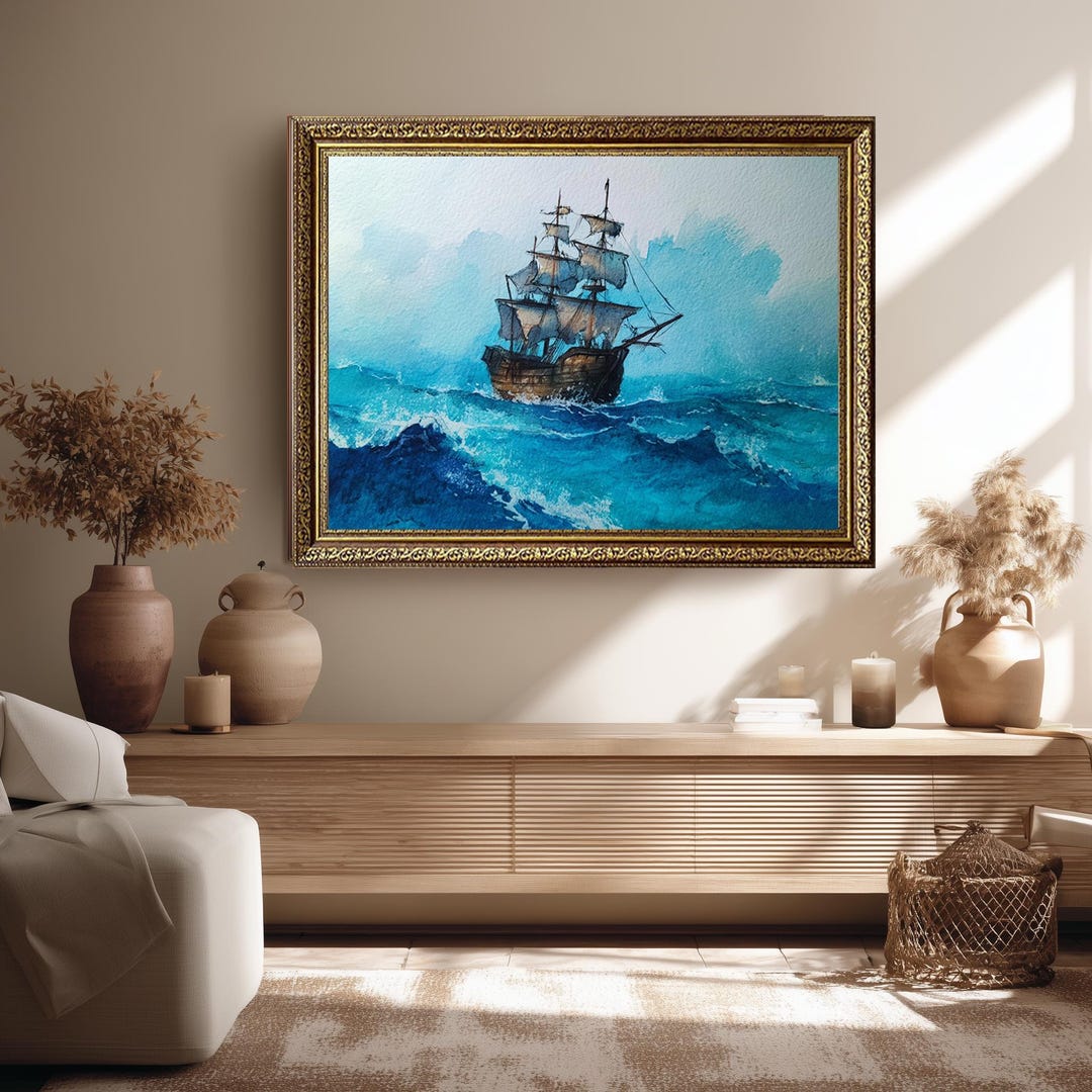 Sailing Ship on Ocean Waves Watercolor Canvas Wall Art – Nautical ...