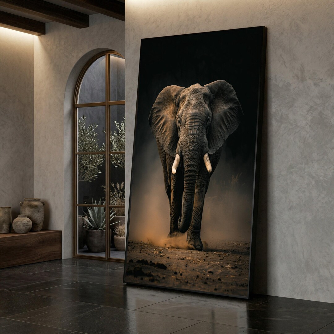 Canvas Art Print Majestic Elephant Walking On Dusty Terrain With canvas-art-print-majestic-elephant-walking-on-dusty-terrain-with