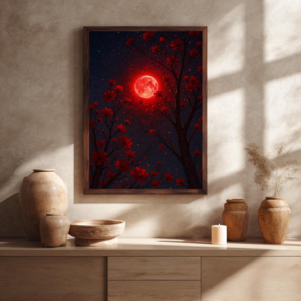夜空と花咲く木々が描かれた赤い月のキャンバスウォールアート