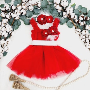 クリスマスの女の子のドレス、赤と白のレースのドレス、クリスマスのレースのベビーガールのドレス、ヘッドバンド、ベビーガールのドレス、幼児のドレス、フラワーガールのドレス