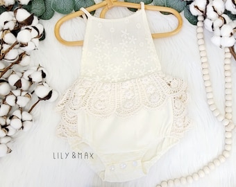 Rustikaler Strampler Baby Mädchen Spitze, 1. Geburtstag Spitze Chic Baby Mädchen Boho Outfit, Boho Mädchen Outfit, Rustikales Baby Mädchen Spitze Bubble Strampler