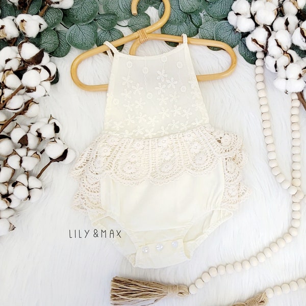 Rustic baby girl lace romper, 1st birthday lace chic Baby girls boho outfit, Boho girl outfit,Rustic baby girl lace bubble romper