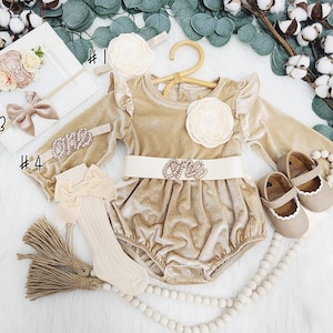 NEW- Rustic baby girl velvet tan romper, 1st birthday fall chic Baby girls boho outfit, Boho girl outfit, baby girl TAN VELVET bubble romper