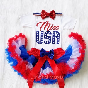 Traje de niñas del 4 de julio, traje de niñas de Miss USA, traje del 1er 4to, pettiskirt rojo, blanco y azul, traje de pastel smash del 4 de julio, camisa de Miss USA