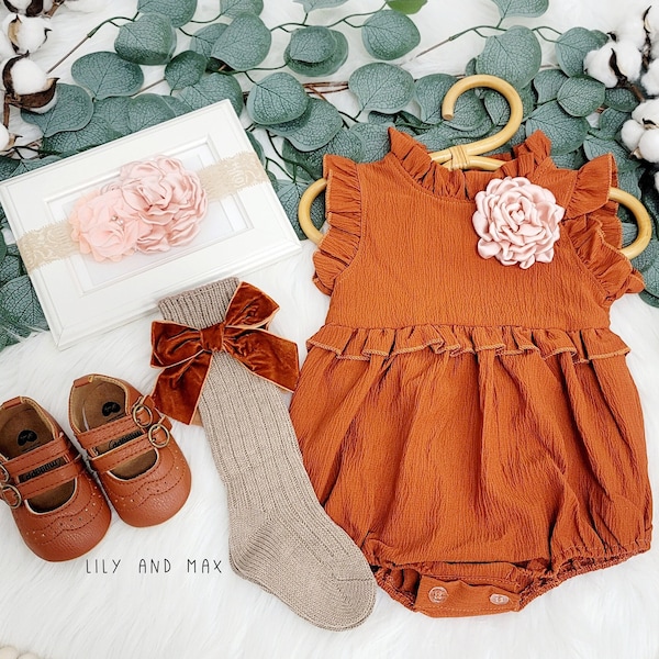 Rustic baby girl pumpkin spice romper, 1st birthday fall chic Baby girls boho outfit, Boho girl outfit, baby girl burnt orange bubble romper