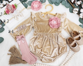 Rustic tan VELVET baby girl romper, 1st birthday fall chic Baby girls boho outfit, Boho girl outfit, baby girl chic bubble romper