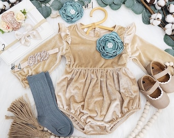 Rustic tan VELVET baby girl romper, 1st birthday fall chic Baby girls boho outfit, Boho girl outfit, baby girl chic bubble romper