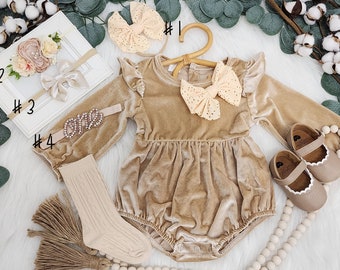 Rustic tan VELVET baby girl romper, 1st birthday fall chic Baby girls boho outfit, Boho girl outfit, baby girl chic bubble romper