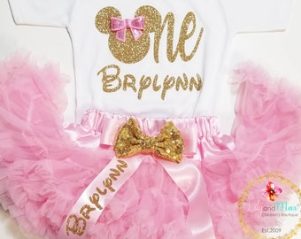 Pink and gold birthday girl outfit, Birthday Girl minnie mouse Outfit, One tutu outfit, 1st Birthday girl smash cake outfit
