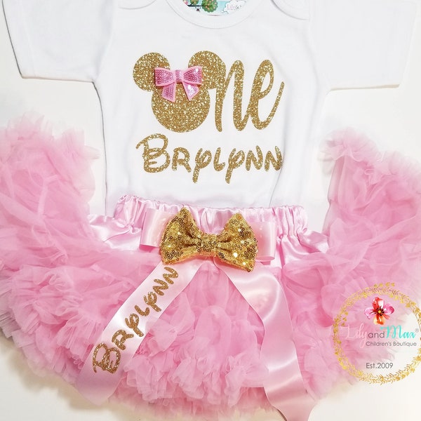 Pink and gold birthday girl outfit, Birthday Girl minnie mouse Outfit, One tutu outfit, 1st Birthday girl smash cake outfit