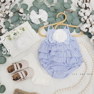 Baby girl blue white romper, 1st birthday summer chic Baby girls boho outfit, Boho girl outfit, baby girl chic summer bubble romper