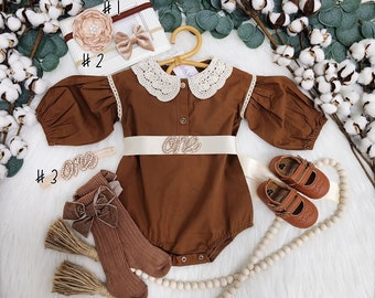 NEW- Rustic baby girl fall brown romper, 1st birthday fall chic Baby girls boho outfit, Boho girl outfit, baby girl fall brown bubble romper