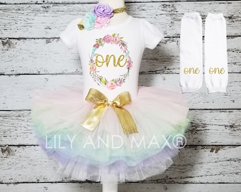 First birthday girl Outfit, Pink and gold floral ONE birthday outfit girls, pink gold girl outfit, 1st birthday smash cake outfit