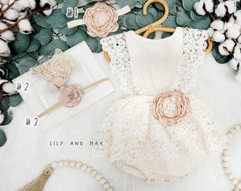 Rustic baby girl lace romper, 1st birthday lace chic Baby girls boho outfit, Boho girl outfit,Rustic baby girl BEIGE lace bubble romper