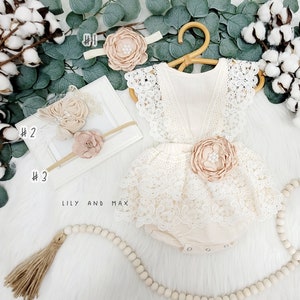 Rustic baby girl lace romper, 1st birthday lace chic Baby girls boho outfit, Boho girl outfit,Rustic baby girl BEIGE lace bubble romper