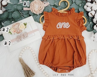 Rustic baby girl pumpkin spice romper, 1st birthday fall chic Baby girls boho outfit, Boho girl outfit, baby girl burnt orange bubble romper