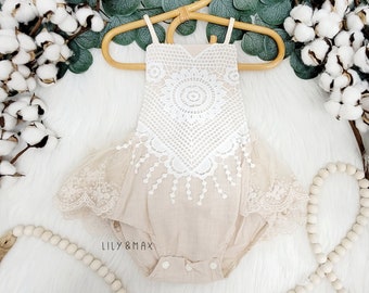 Rustic baby girl lace romper, 1st birthday lace chic Baby girls boho outfit, Boho girl outfit,Rustic baby girl lace bubble romper